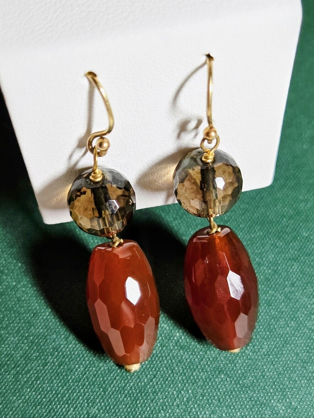 Artisan Gold-Tone Earrings with Smoky Crystal and Red Agate Drops